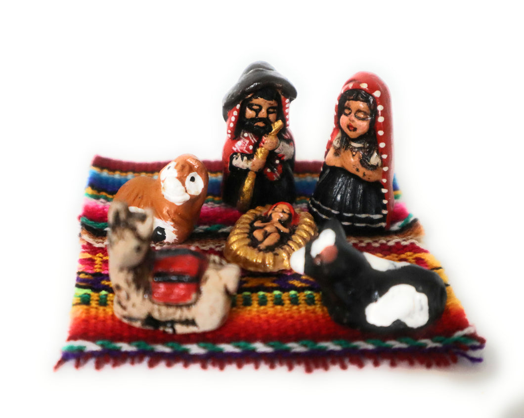 Miniature Nativity Scene on a Manta Peruvian Style 1.25” Tall