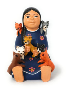 Storyteller Country Woman with Kids Figurine Blue Color Ceramic Andean Style Peruvian Folk Art 4.75" Tall.