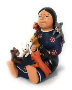 Storyteller Country Woman with Kids Figurine Blue Color Ceramic Andean Style Peruvian Folk Art 4.75" Tall.