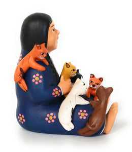 Storyteller Country Woman with Kids Figurine Blue Color Ceramic Andean Style Peruvian Folk Art 4.75" Tall.