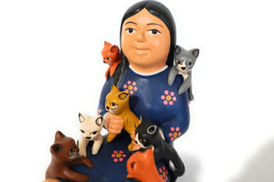 Storyteller Country Woman with Kids Figurine Blue Color Ceramic Andean Style Peruvian Folk Art 4.75" Tall.