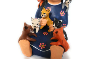 Storyteller Country Woman with Kids Figurine Blue Color Ceramic Andean Style Peruvian Folk Art 4.75" Tall.