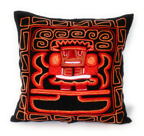 Embroidered Wool Cushion Cover Moche Culture Deity Black Orange 16