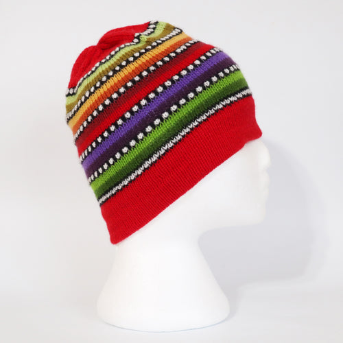 Alpaca Wool Beanie Hat Multicolor Small Dots Red Color Medium Unisex