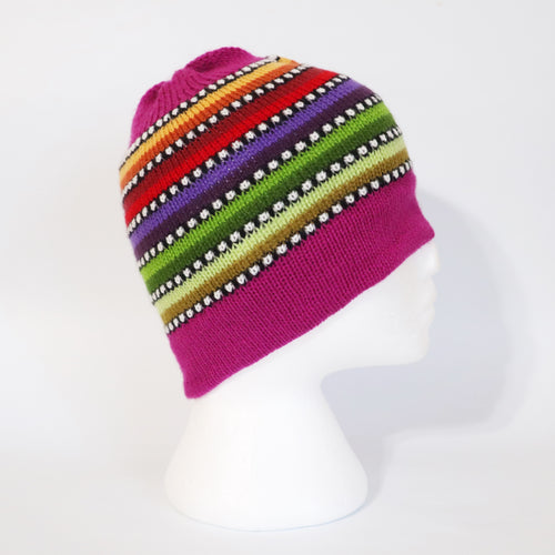 Alpaca Wool Beanie Hat Multicolor Small Dots Fuchsia Color Medium Unisex