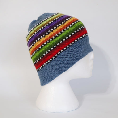 Alpaca Wool Beanie Hat Multicolor Small Dots Steel Blue Color Medium Unisex