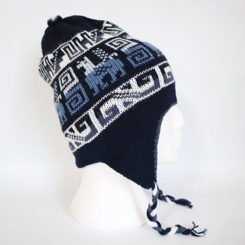 Chullo Alpaca Wool Blend Hat with Earflaps Reversible Navy Blue Steel Blue. Unisex