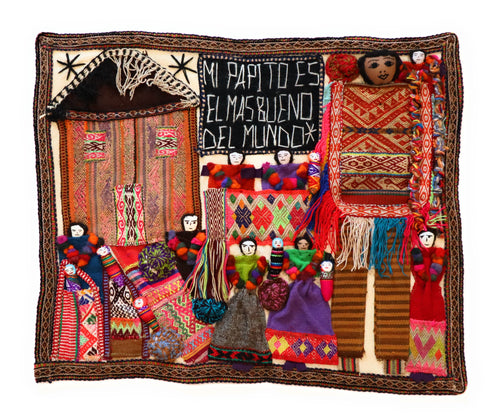 Embroidered Textile Tapestry. Traditional Tribute to the Andean Father. Arpillera 22.75