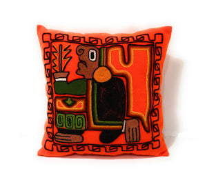 Wool Cushion Cover Moche Culture Deity Orange Color 17" L x 16.5" W