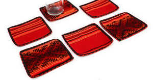 Andean Textile Fabric Coasters Red, Orange Color. Inca Design. Set of 6