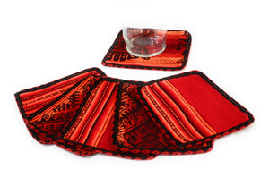 Andean Textile Fabric Coasters Red, Orange Color. Inca Design. Set of 6